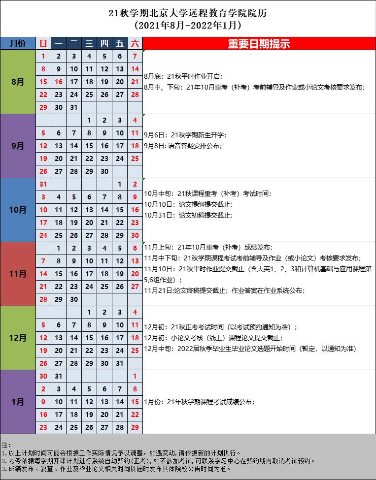 21秋学期北京大学远程教育学院院历