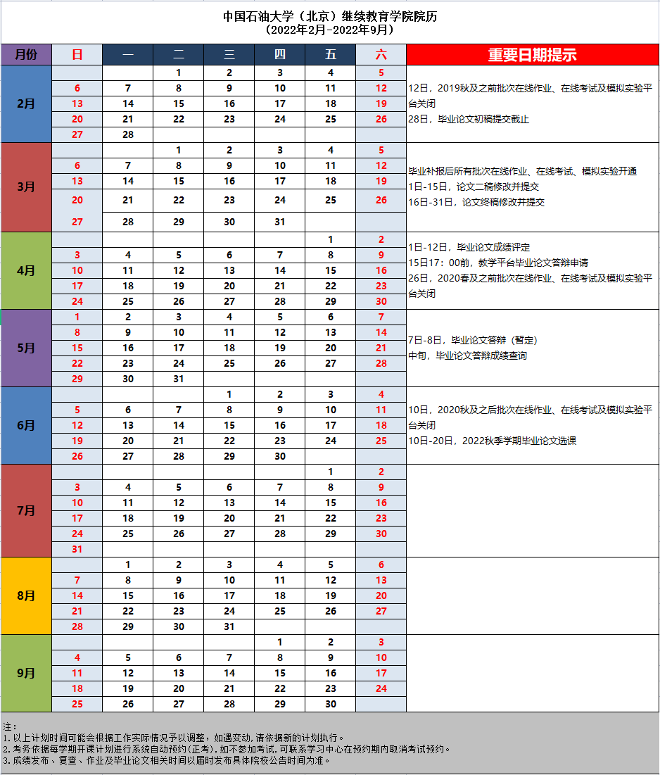 22春学期中国石油大学（北京）继续教育学院院历